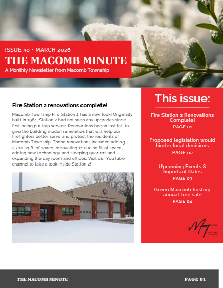 Front cover of The Macomb Minute Vol. 40 featuring an article on completed fire station renovations.