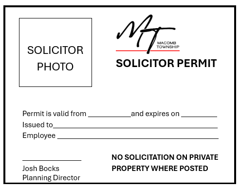 Solicitor permit example. The permit includes a photo of the solicitor, permit issue and expiration date, and the signature of the Township Planning Director. 